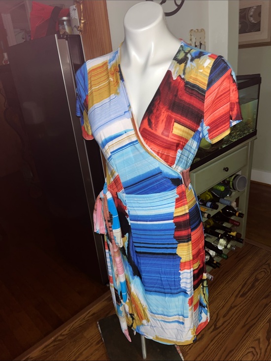 Jeyrey Dresses & Skirts - NWOT Abstract Striped Wrap Midi Dress in Blue, Red & Yellow, so:S,M,L